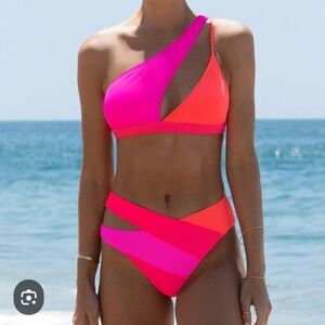 NWT Womens Cutout One-Shoulder Color Block Bikini Set Top-Lg, Bott-Med
